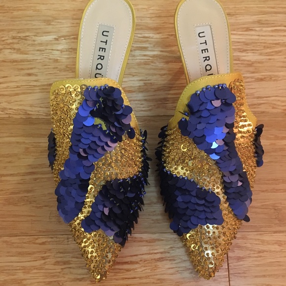 Uterque Shoes - Blue and gold Uterque sequin mule heels
